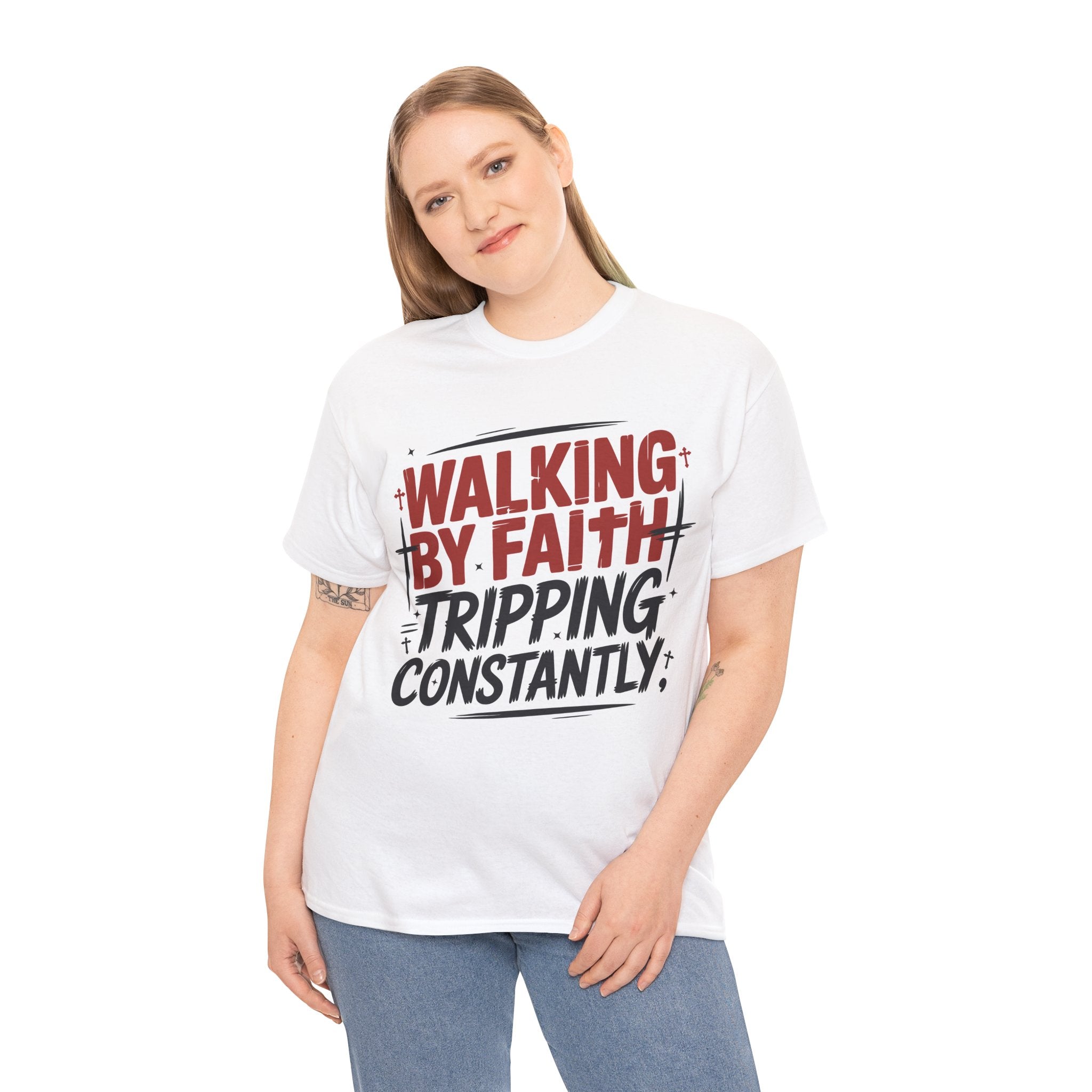Walking by Faith, Tripping Constantly Unisex Cotton T-Shirt