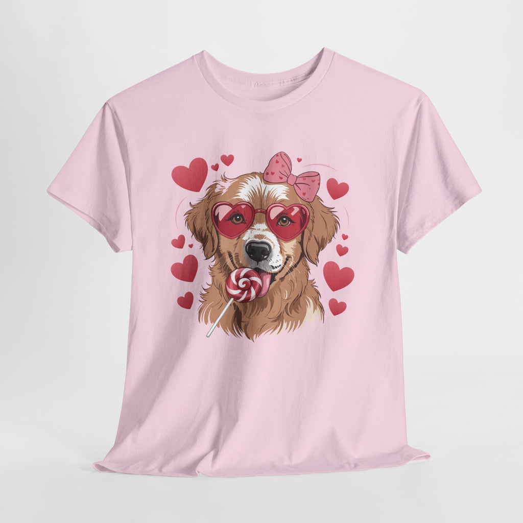 Valentine Dog T-Shirt — Cute Pup with Heart Glasses, Pink Bow & Lollipop..Unisex Cotton Tee