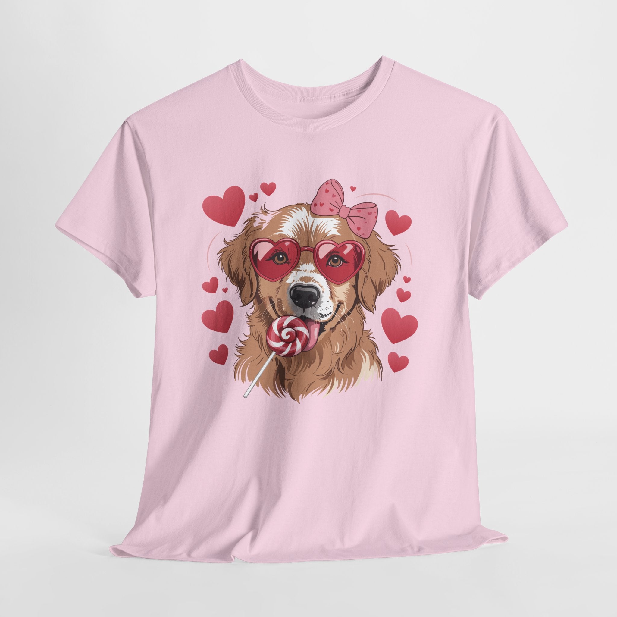 Valentine Dog T-Shirt — Cute Pup with Heart Glasses, Pink Bow & Lollipop..Unisex Cotton Tee
