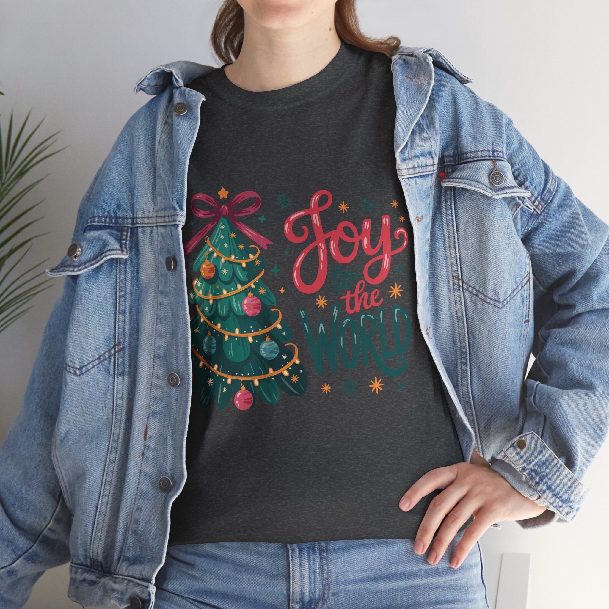 Joy to the World Christmas Tee — Festive Tree with Pink Bow..Unisex Cotton Tee