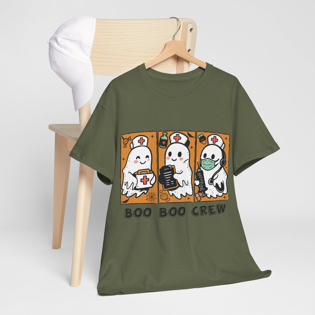 Halloween Nurse T-Shirt — Ghost Nurses Holding Medical Tools on Orange Unisec Cotton Tee