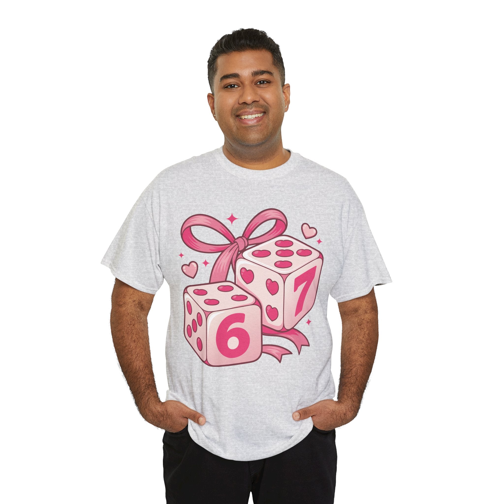 Lucky Love Dice T-Shirt — Pink Heart Dice with Bow..Unisex Cotton Tee