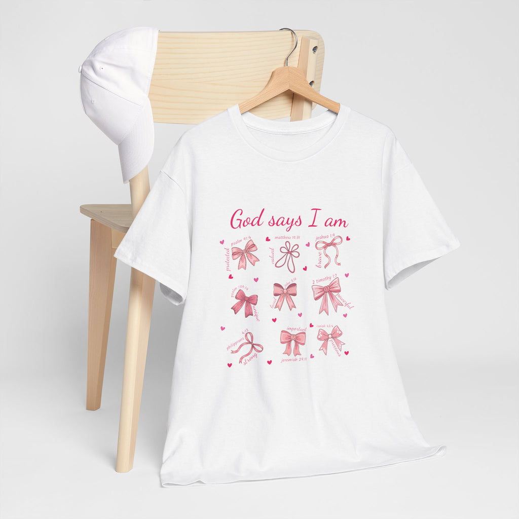 God Says I Am Pink Bow Tee — Faith-Based 'Loved, Brave, Strong' Unisex Cotton Shirt