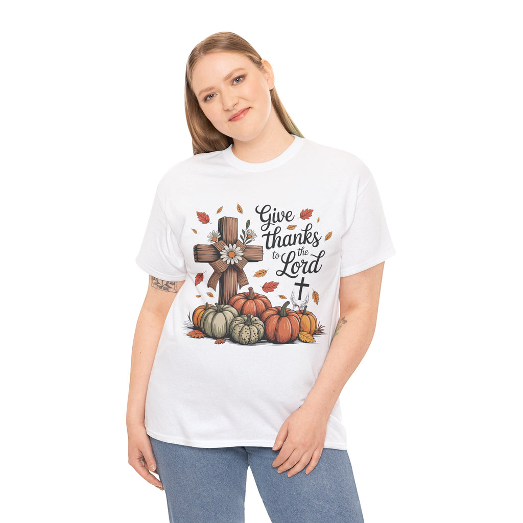 Give Thanks to the Lord Autumn Tee — Wooden Cross, Pumpkins & Daisies..Unisex Cotton Tee