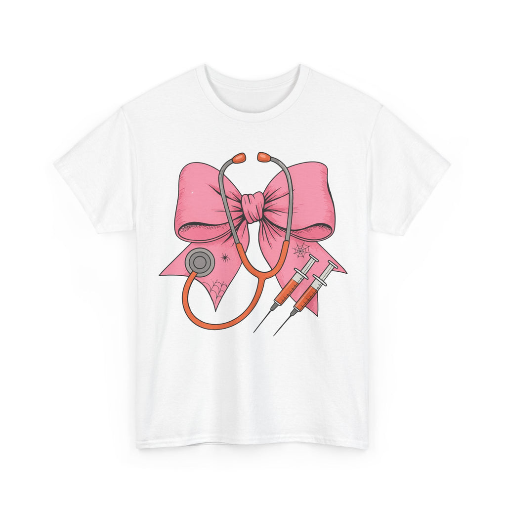 Halloween Nurse T‑Shirt — Pink Nurse Bow with Stethoscope, Syringes & Spider Webs..Unisex Cotton Tee