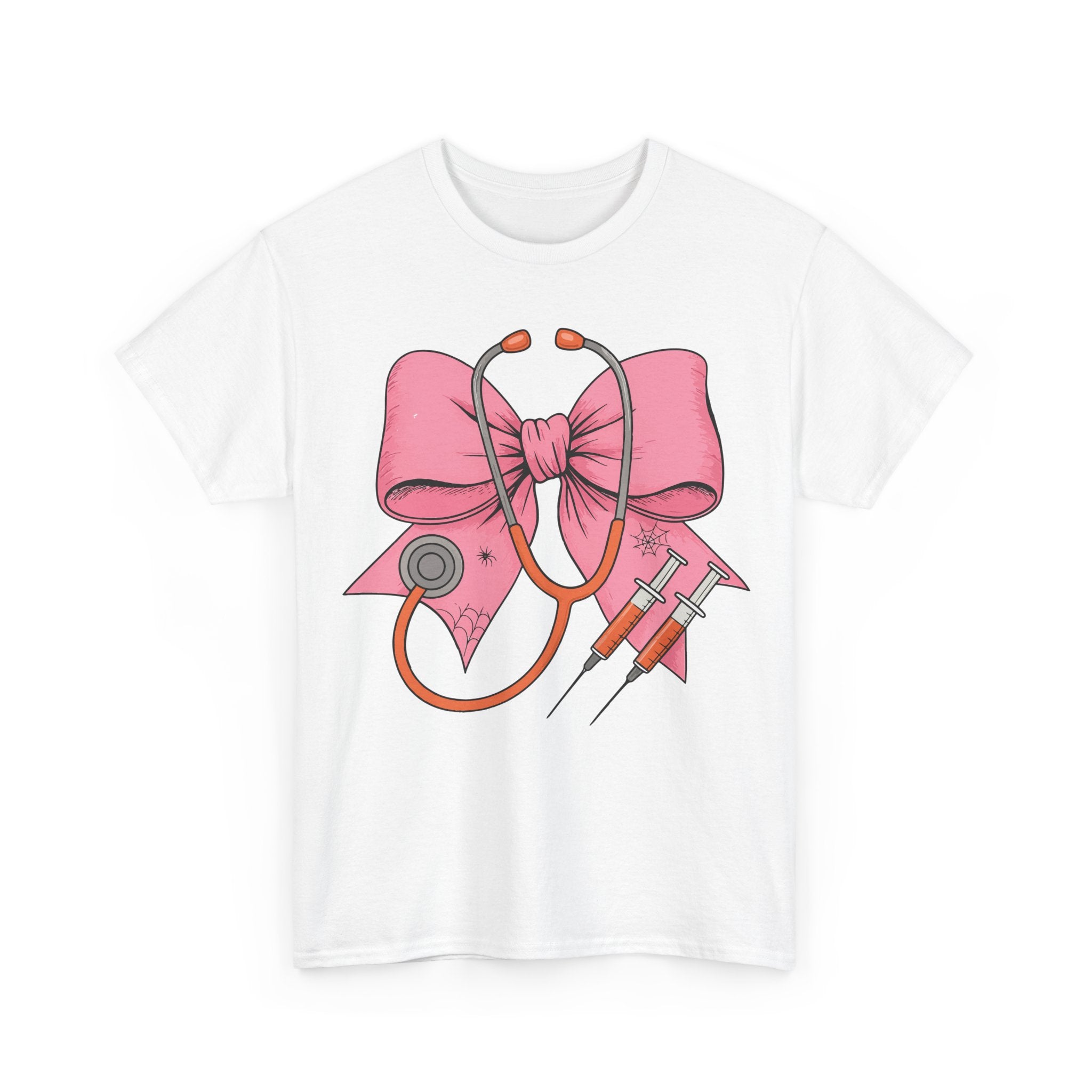 Halloween Nurse T‑Shirt — Pink Nurse Bow with Stethoscope, Syringes & Spider Webs..Unisex Cotton Tee