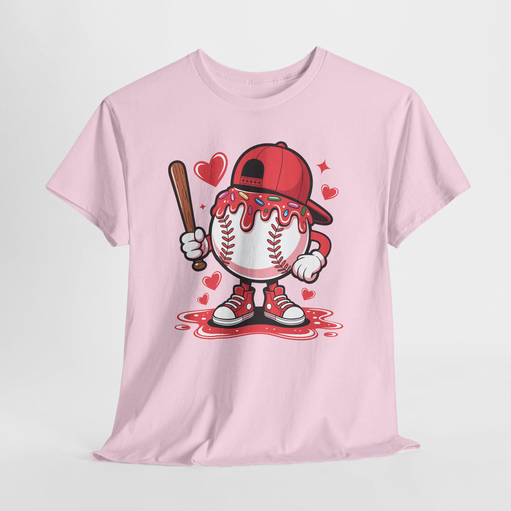 Cute Baseball Character T-Shirt — Red Cap & Icing Top Graphic with Hearts Unisex Cotton Tee