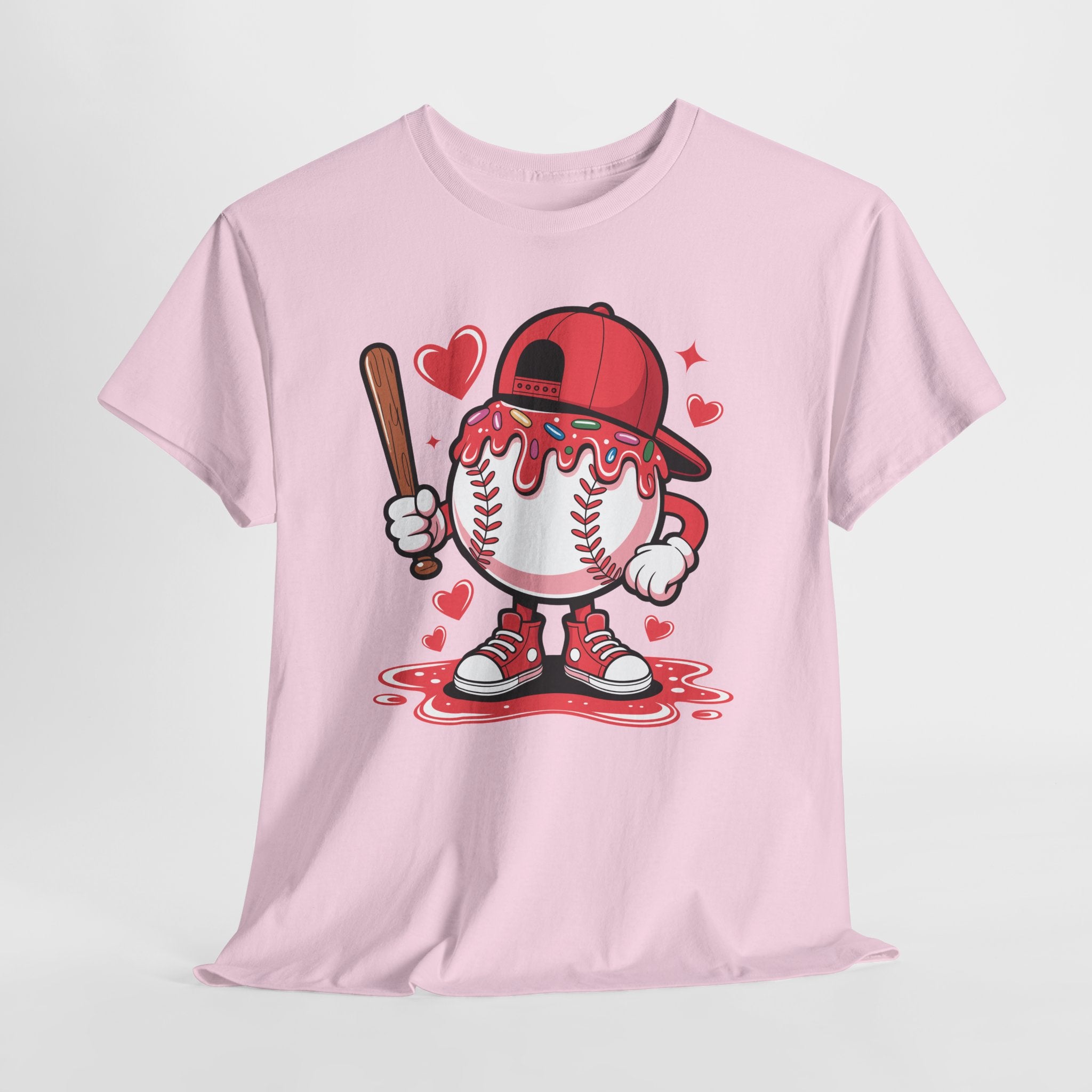 Cute Baseball Character T-Shirt — Red Cap & Icing Top Graphic with Hearts Unisex Cotton Tee