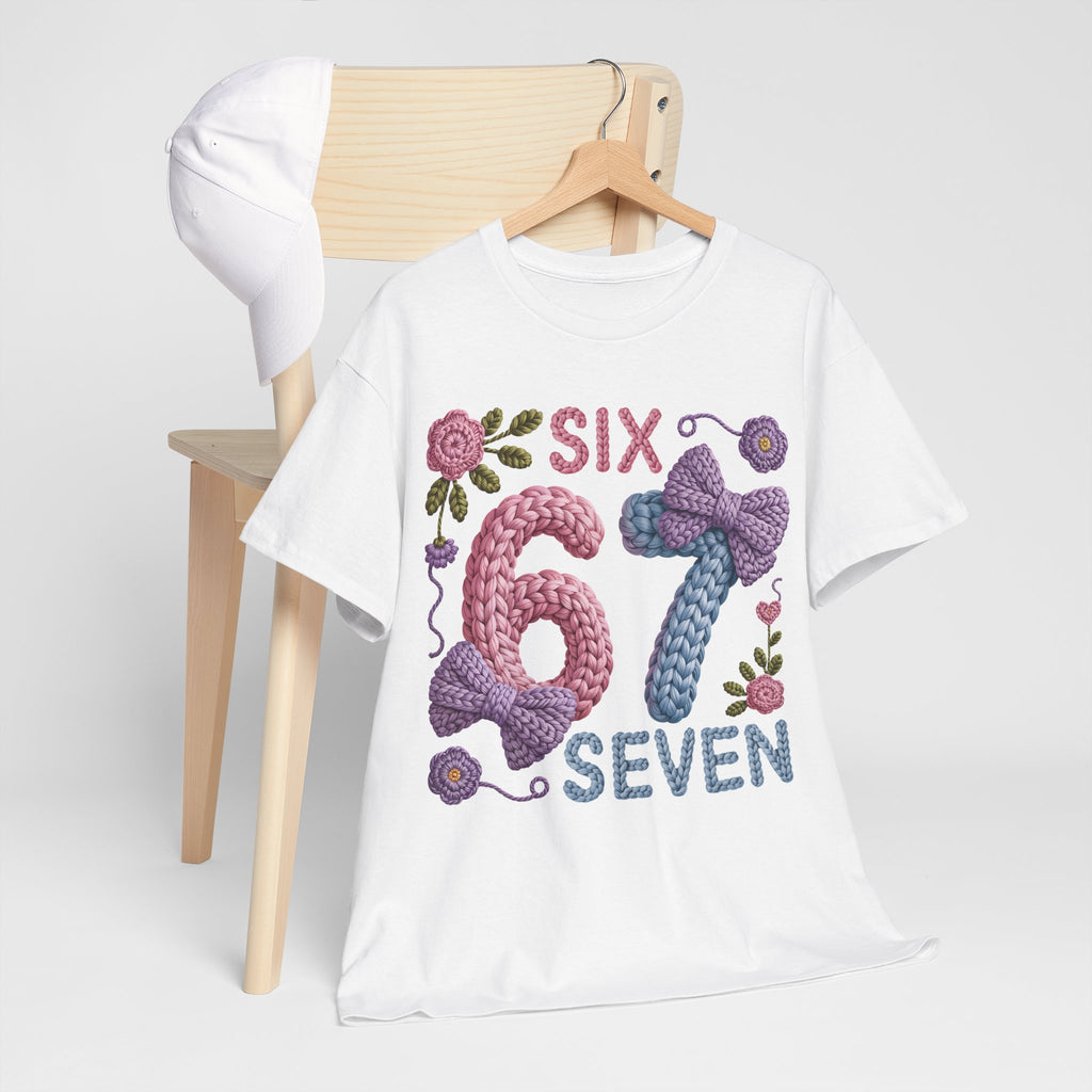 Pastel Crochet Numbers 6 & 7 Tee — Faux-Yarn Bows & Flowers. Unisex Cotton Tee