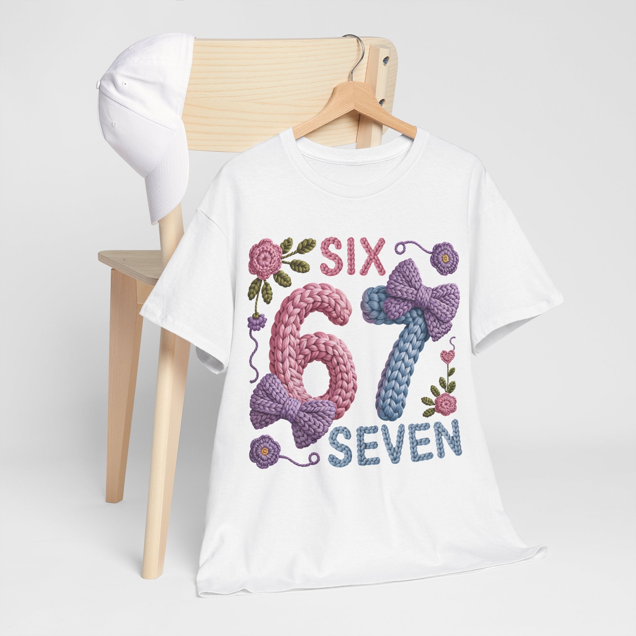 Pastel Crochet Numbers 6 & 7 Tee — Faux-Yarn Bows & Flowers. Unisex Cotton Tee
