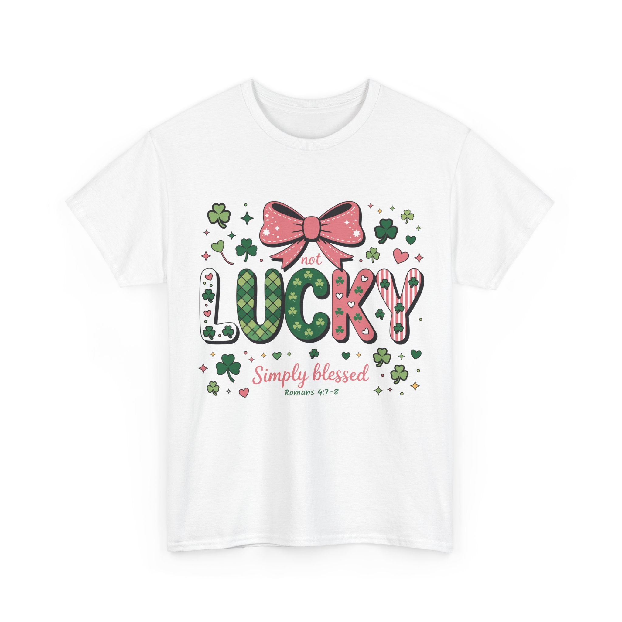 Simply Blessed Tee — “Not Lucky, Simply Blessed” with Pastel Bow, Clovers & Romans 4:7-8 Unisex Cotton Tee