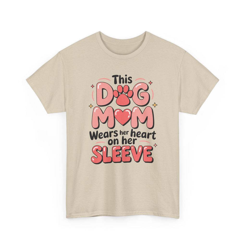 Dog Mom T-Shirt — "This Dog Mom Wears Her Heart on Her Sleeve" Paw & Heart Unisex Cotton Tee