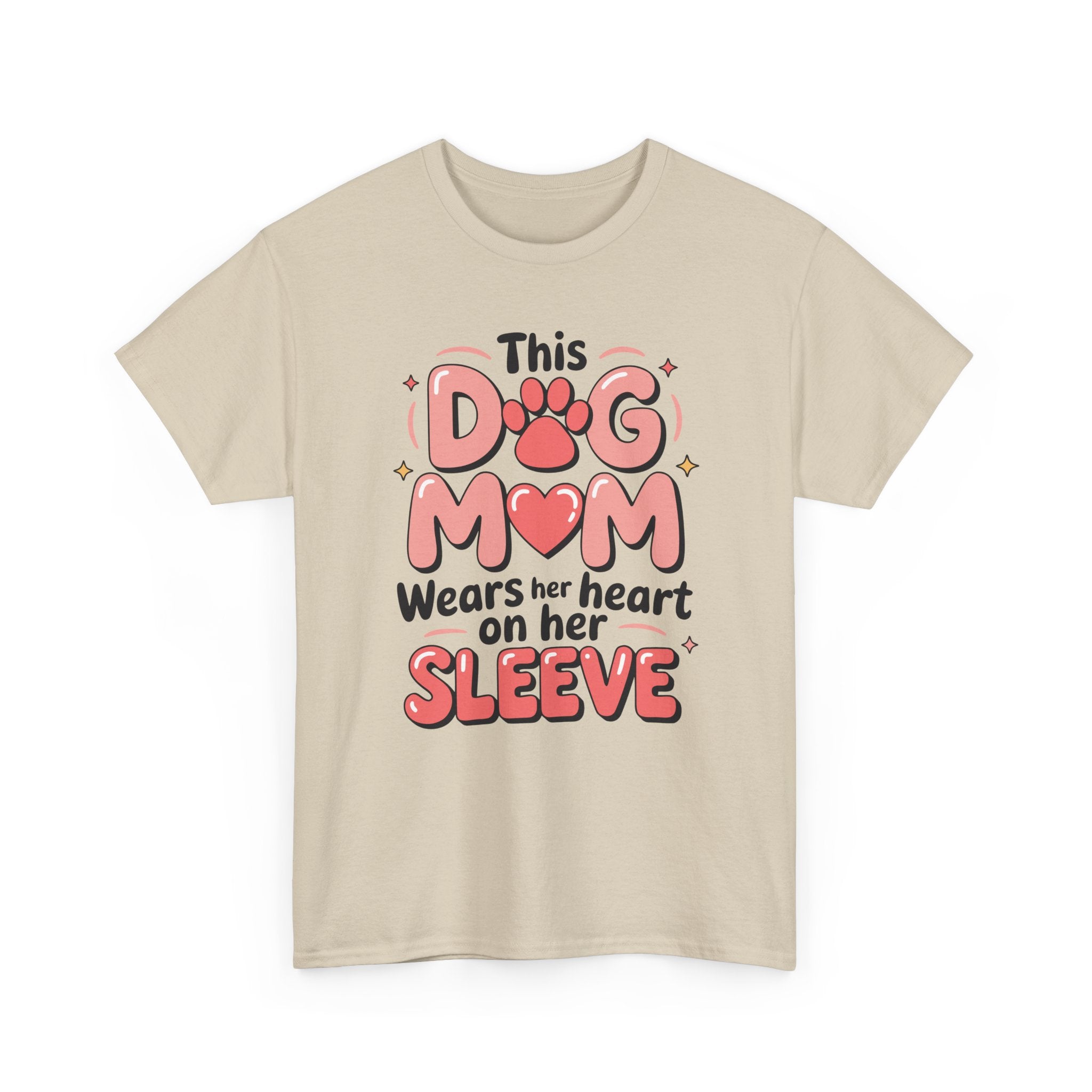 Dog Mom T-Shirt — "This Dog Mom Wears Her Heart on Her Sleeve" Paw & Heart Unisex Cotton Tee