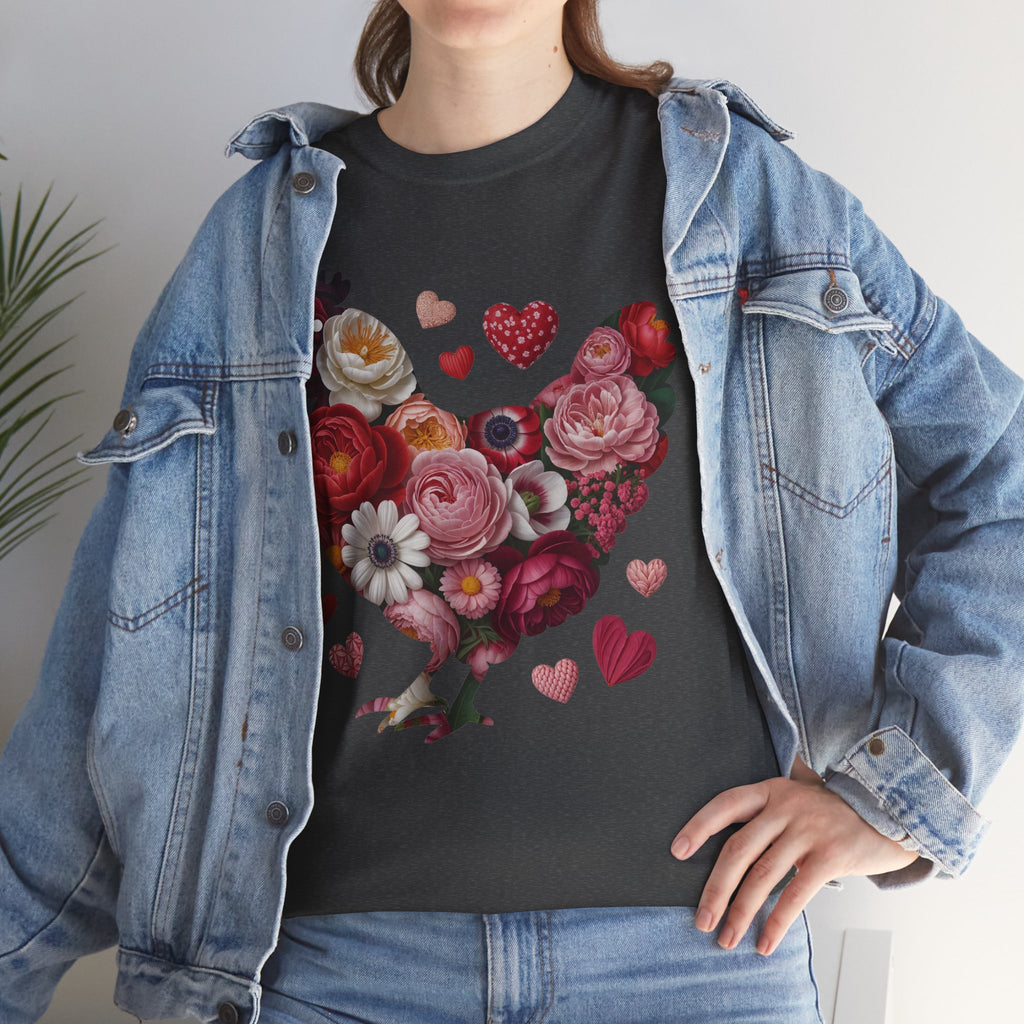 Floral Chicken Heart Tee — Red & Pink Flower Silhouette Unisex Cotton Tee