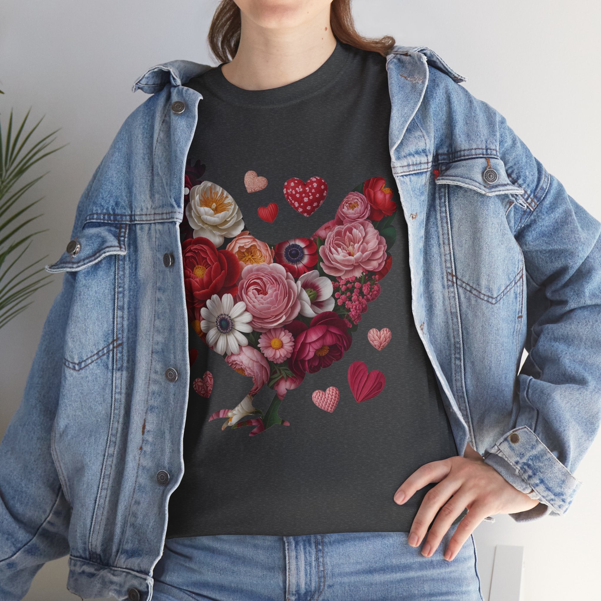 Floral Chicken Heart Tee — Red & Pink Flower Silhouette Unisex Cotton Tee