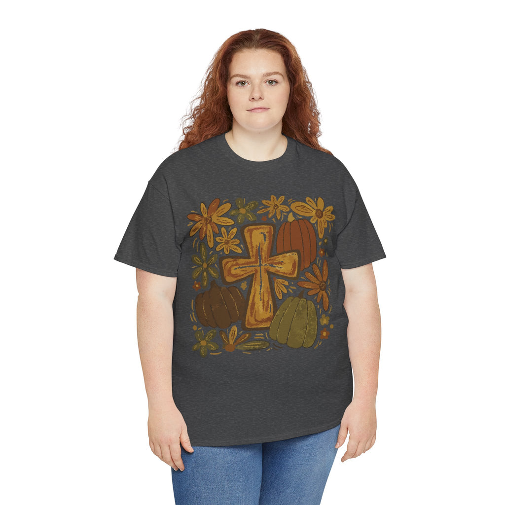Autumn Cross Tee — Rustic Pumpkin & Fall Floral Christian Unisaex Cotton T-Shirt