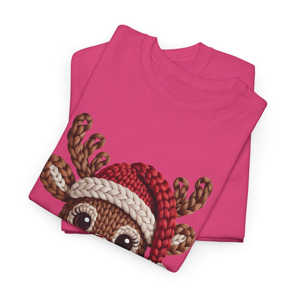 Reindeer in Santa Hat Cotton Tee — Joyful Faux-Yarn Holiday Unisex Coton T-Shirt
