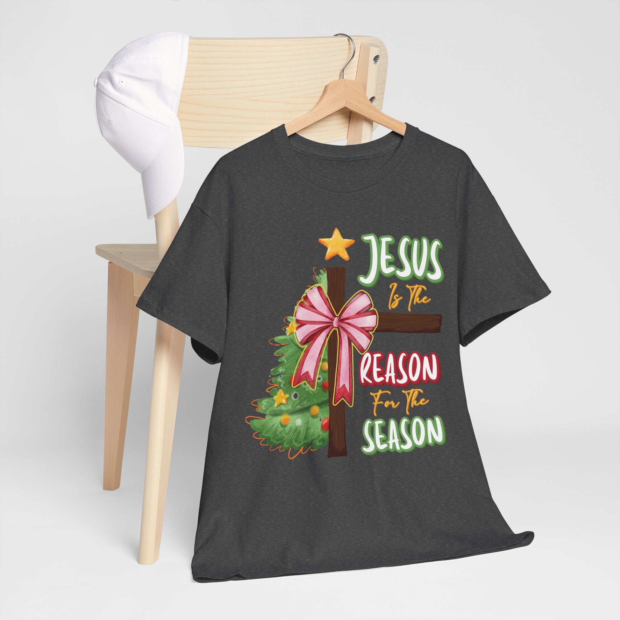 Jesus Is the Reason for the Season Christmas Tee — Cross with Pink Bow & Tree. Unisex Cotton Tee
