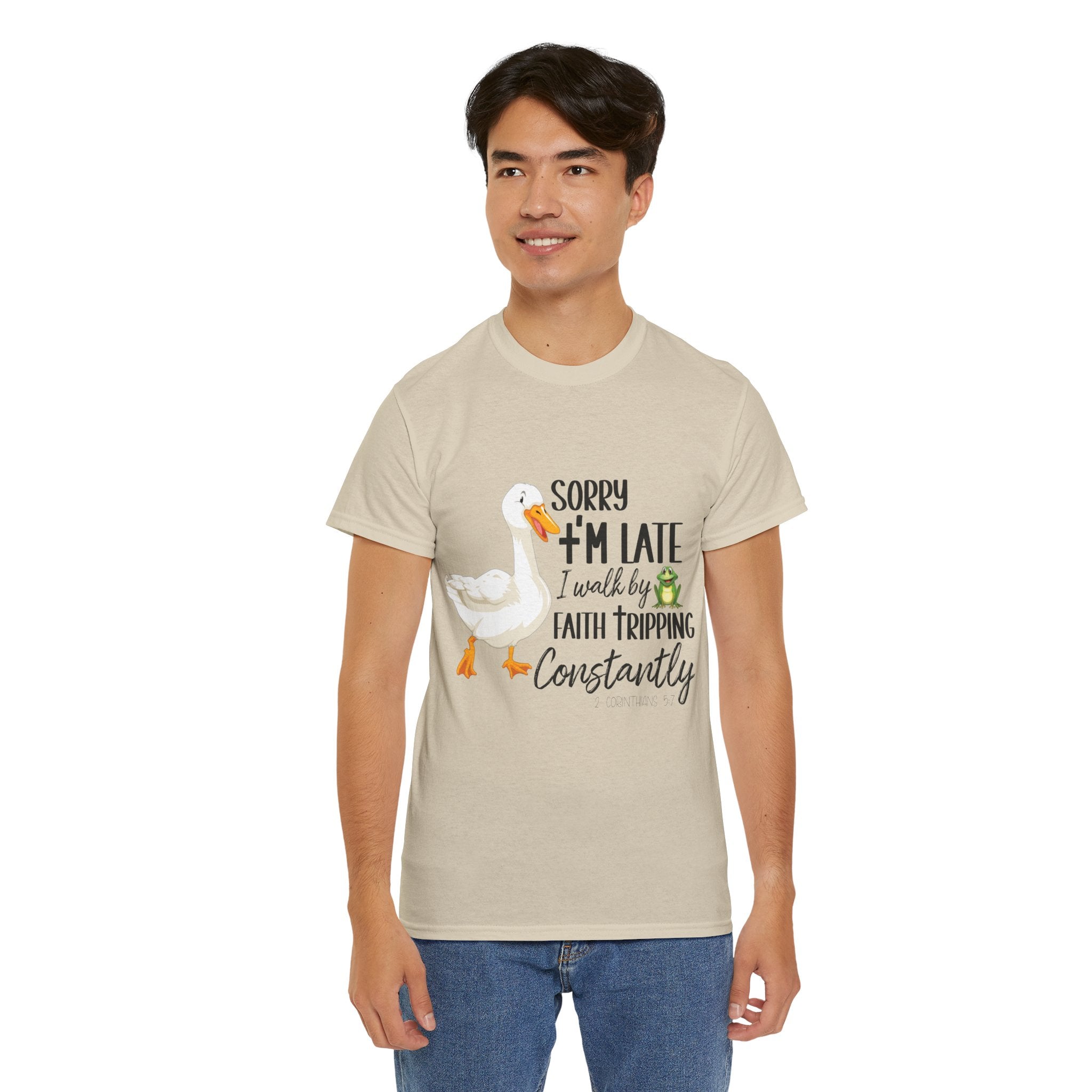 Christian Humor T-Shirt — “Sorry I’m Late, I Walk by Faith Tripping Constantly” (Duck & Frog). Unisex Cotton Tee