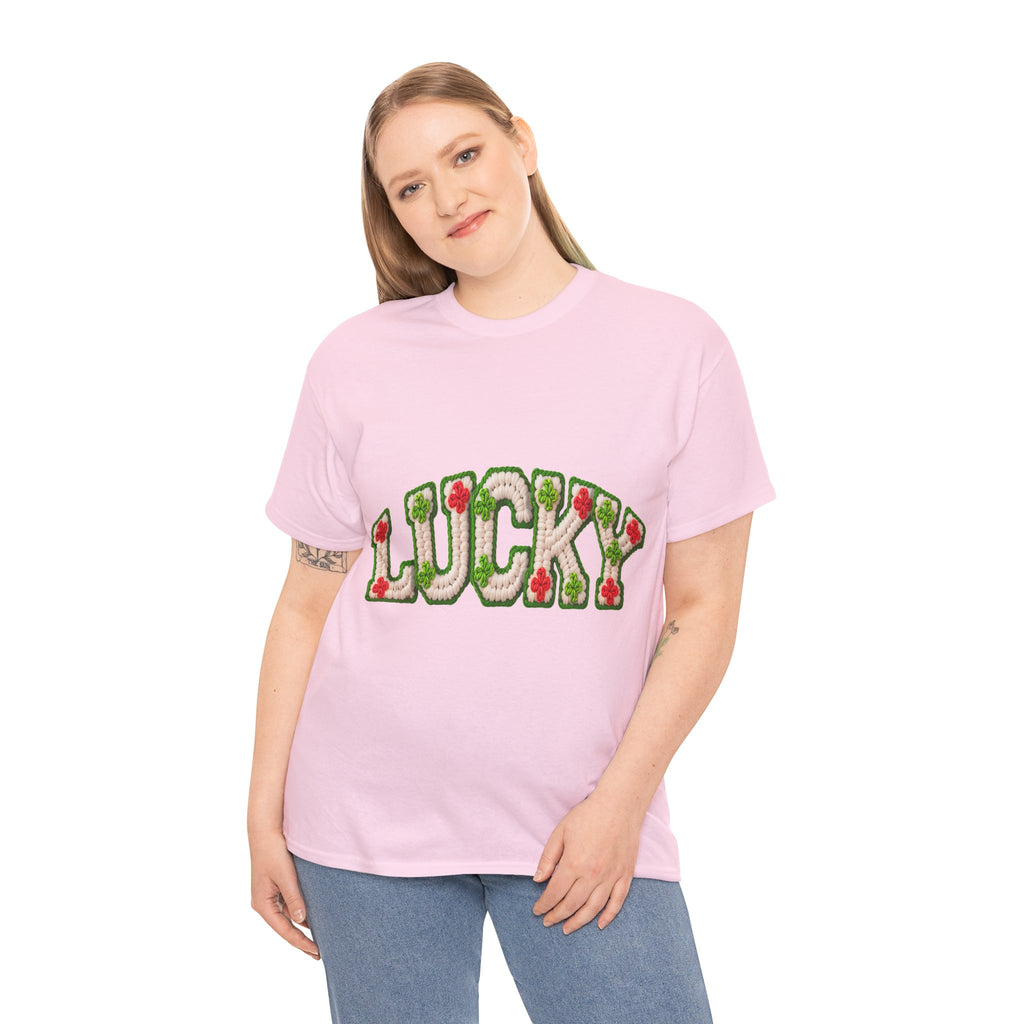 Lucky Crochet Clover T-Shirt — Faux-Yarn Embroidered St. Patrick’s Unisex Cotton Tee