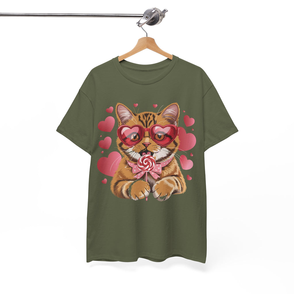Valentine Cat Tee — Heart Glasses, Lollipop Bow Unisex Cotton Tee