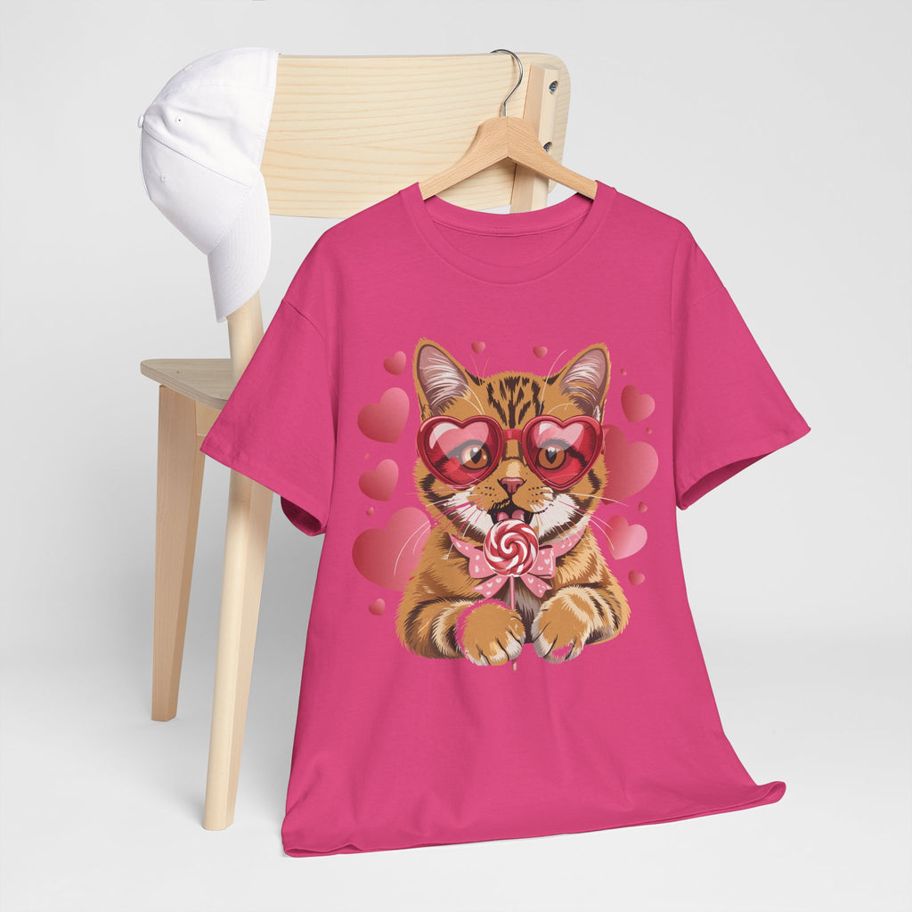 Valentine Cat Tee — Heart Glasses, Lollipop Bow Unisex Cotton Tee