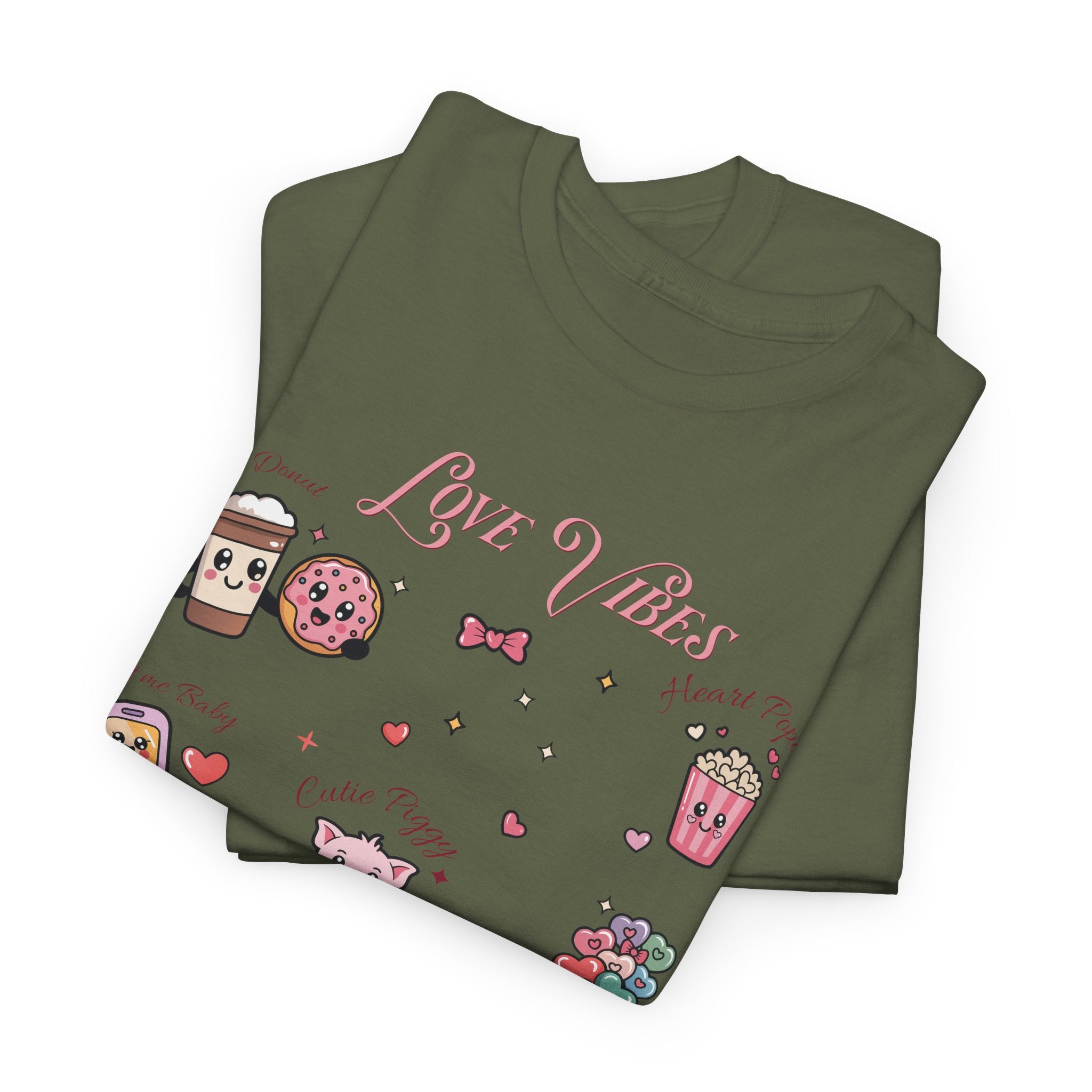 Love Vibes Kawaii Valentine T-Shirt — Cute Donut, Coffee & Piglet Design Unisex Cotton Tee