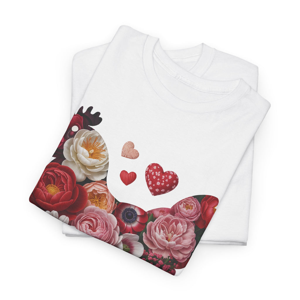 Floral Chicken Heart Tee — Red & Pink Flower Silhouette Unisex Cotton Tee