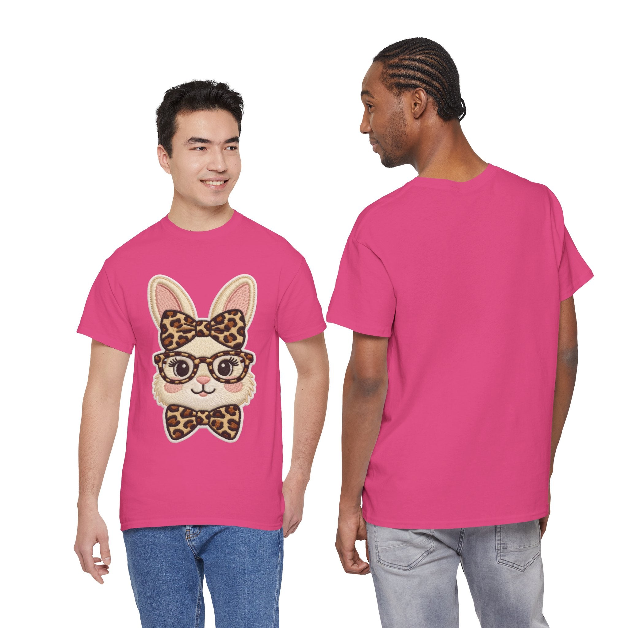 Leopard Bow Bunny Embroidered Tee — Cute Bunny Face with Glasses Patch Unisex Cotton Tee