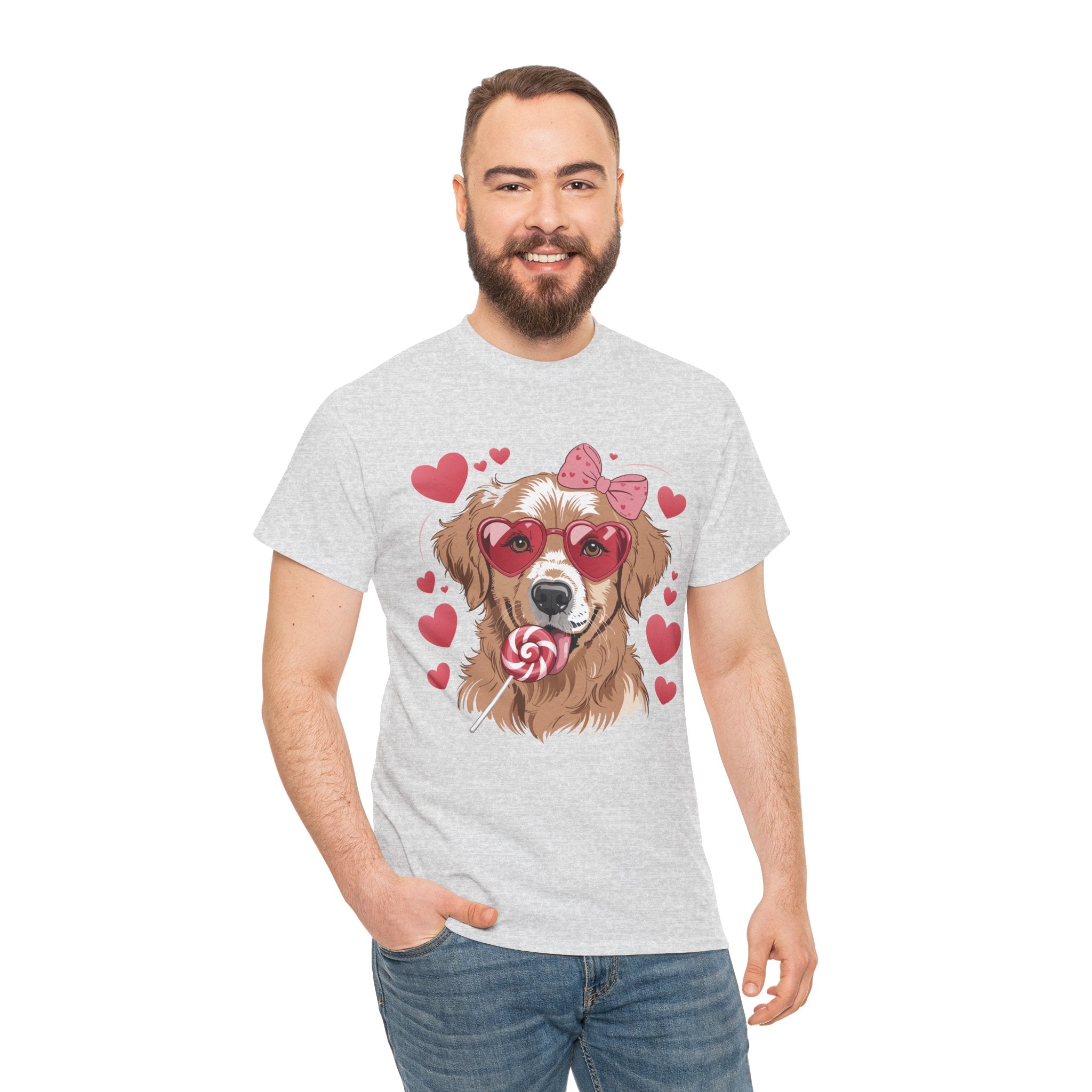 Valentine Dog T-Shirt — Cute Pup with Heart Glasses, Pink Bow & Lollipop..Unisex Cotton Tee