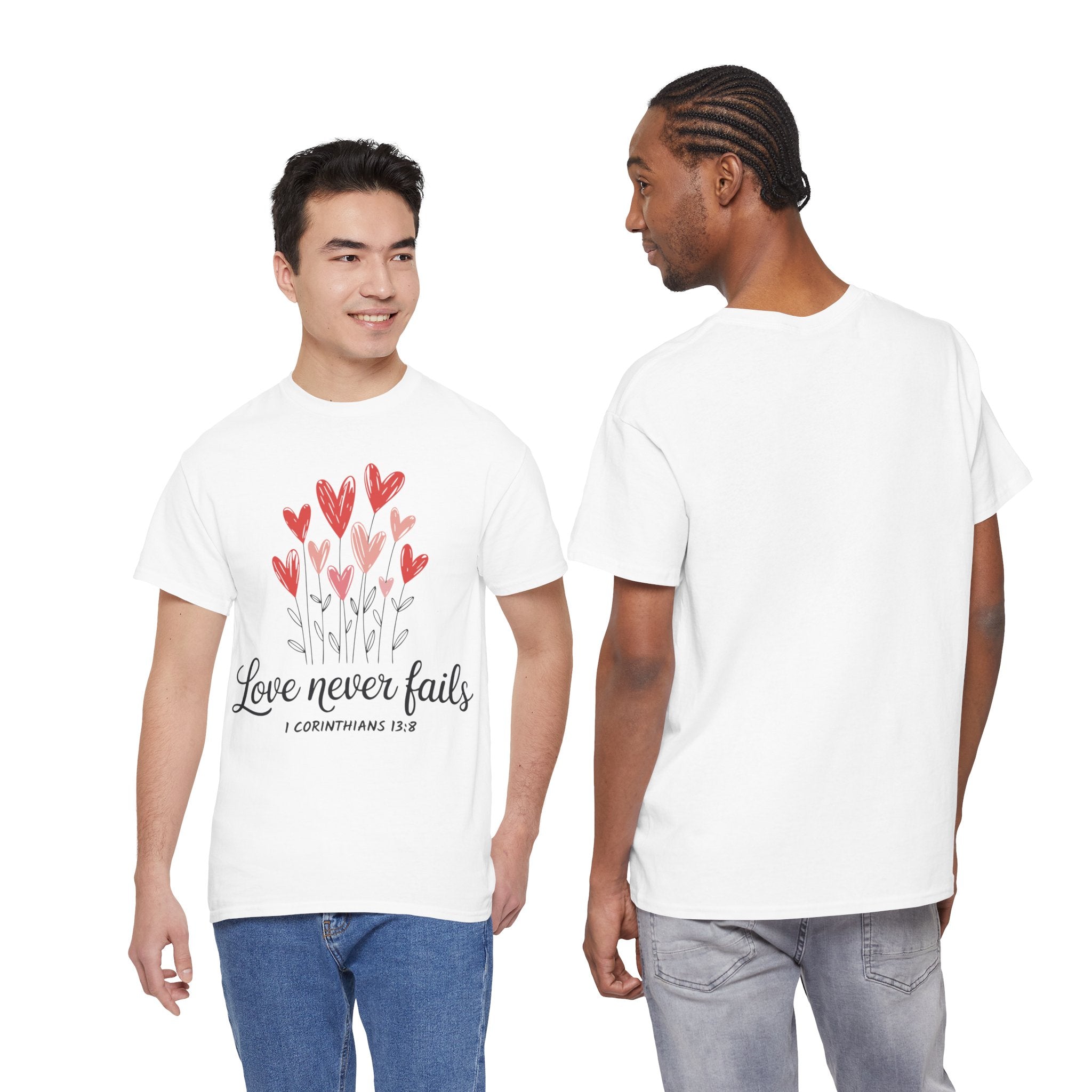 Christian Valentine T-Shirt — "Love Never Fails" (1 Corinthians 13:8) Unisex Cotton Tee