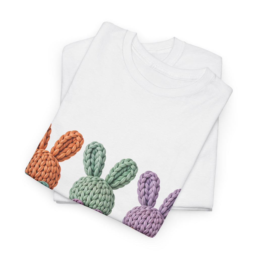 Pastel Crochet Bunny Tee — Trio of Faux Knit Bunnies with Bows & Flowers Unisex Cotton Tee