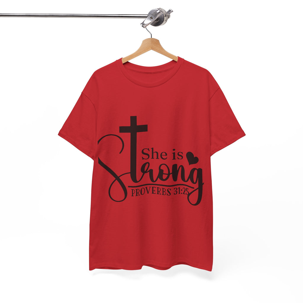 Proverbs 31:25 'She is Strong' T-Shirt – Christian Cross & Heart Unisex Cotton Tee
