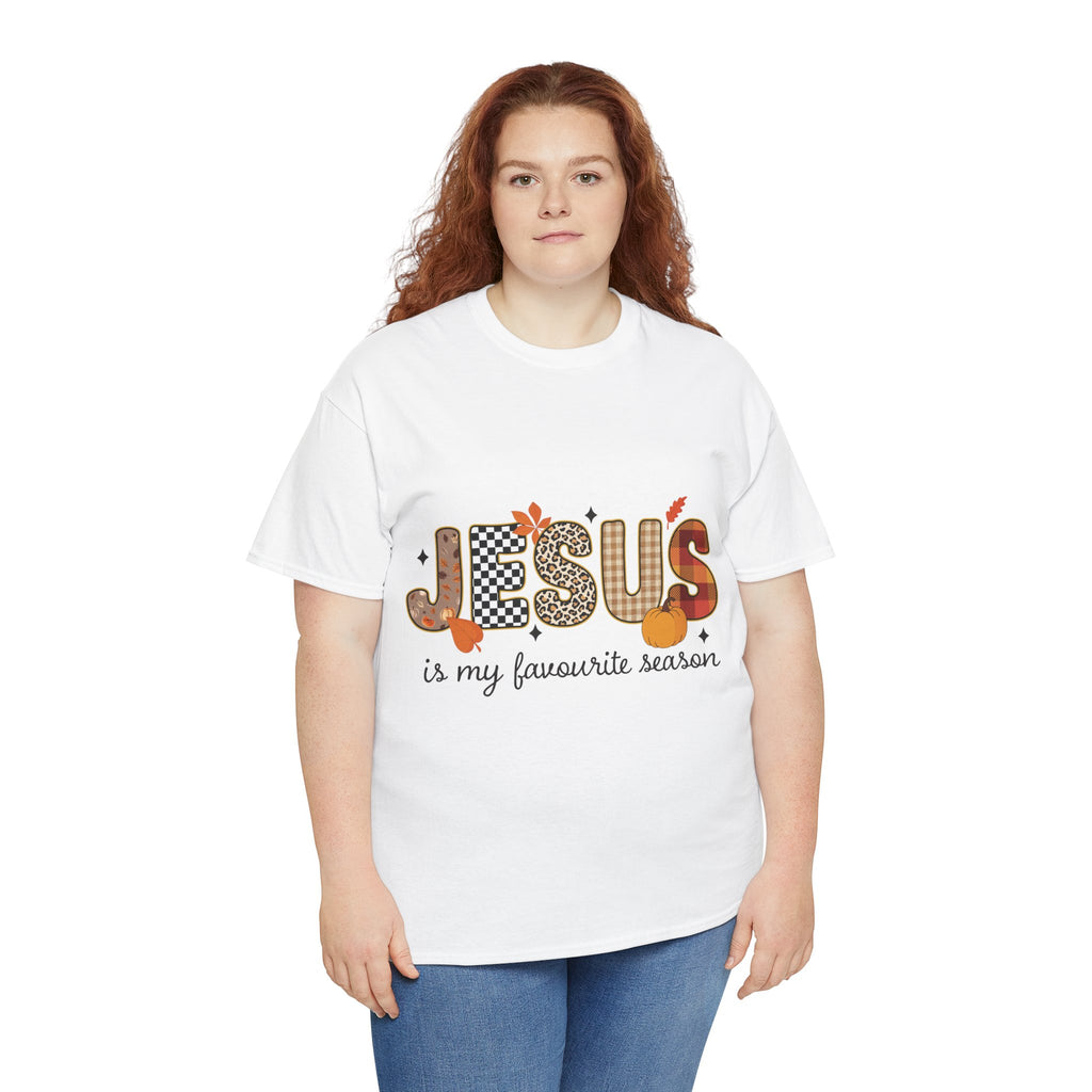 Jesus Is My Favorite Season Tee — Autumn Plaid & Leopard Lettering Unisex Cotton Tee