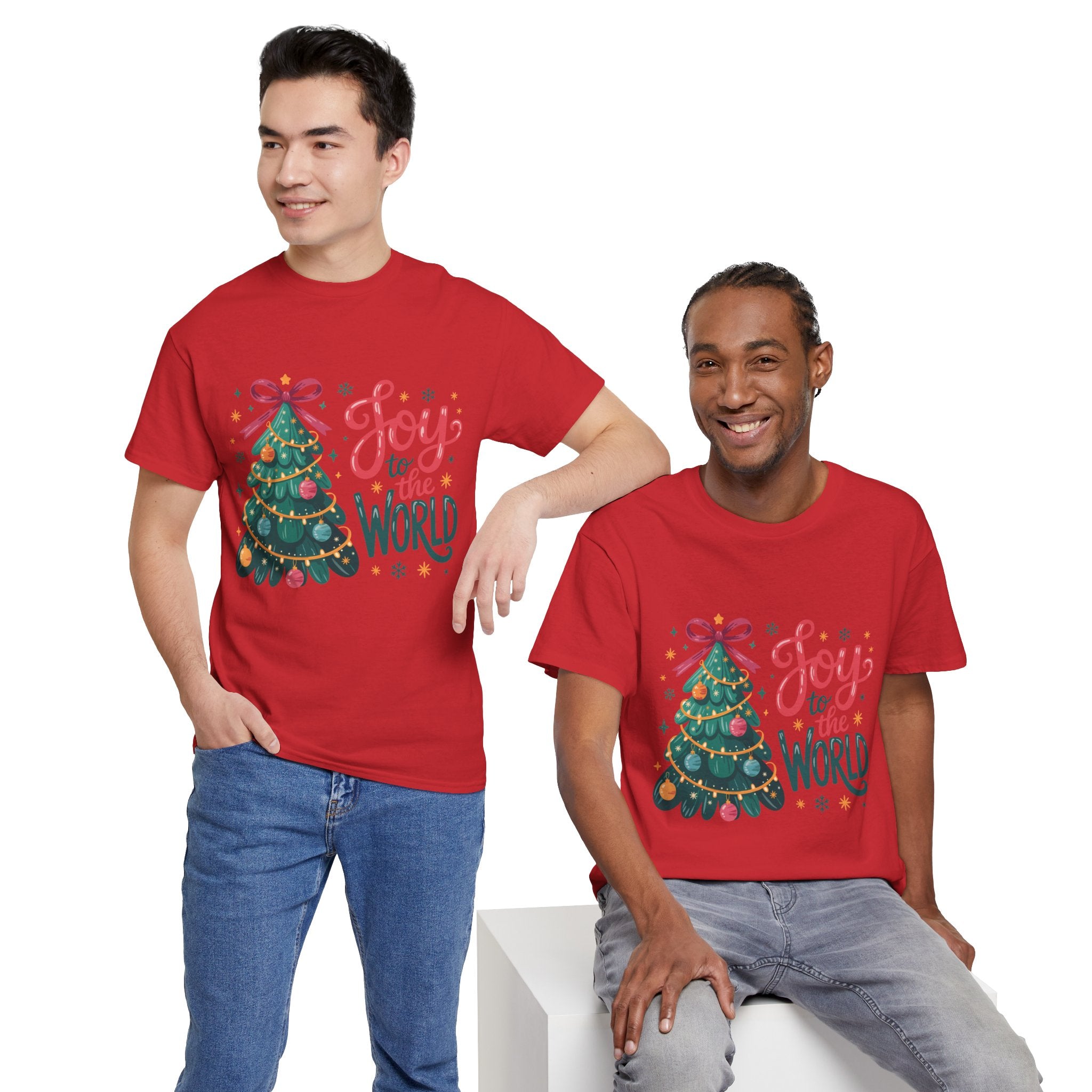 Joy to the World Christmas Tee — Festive Tree with Pink Bow..Unisex Cotton Tee