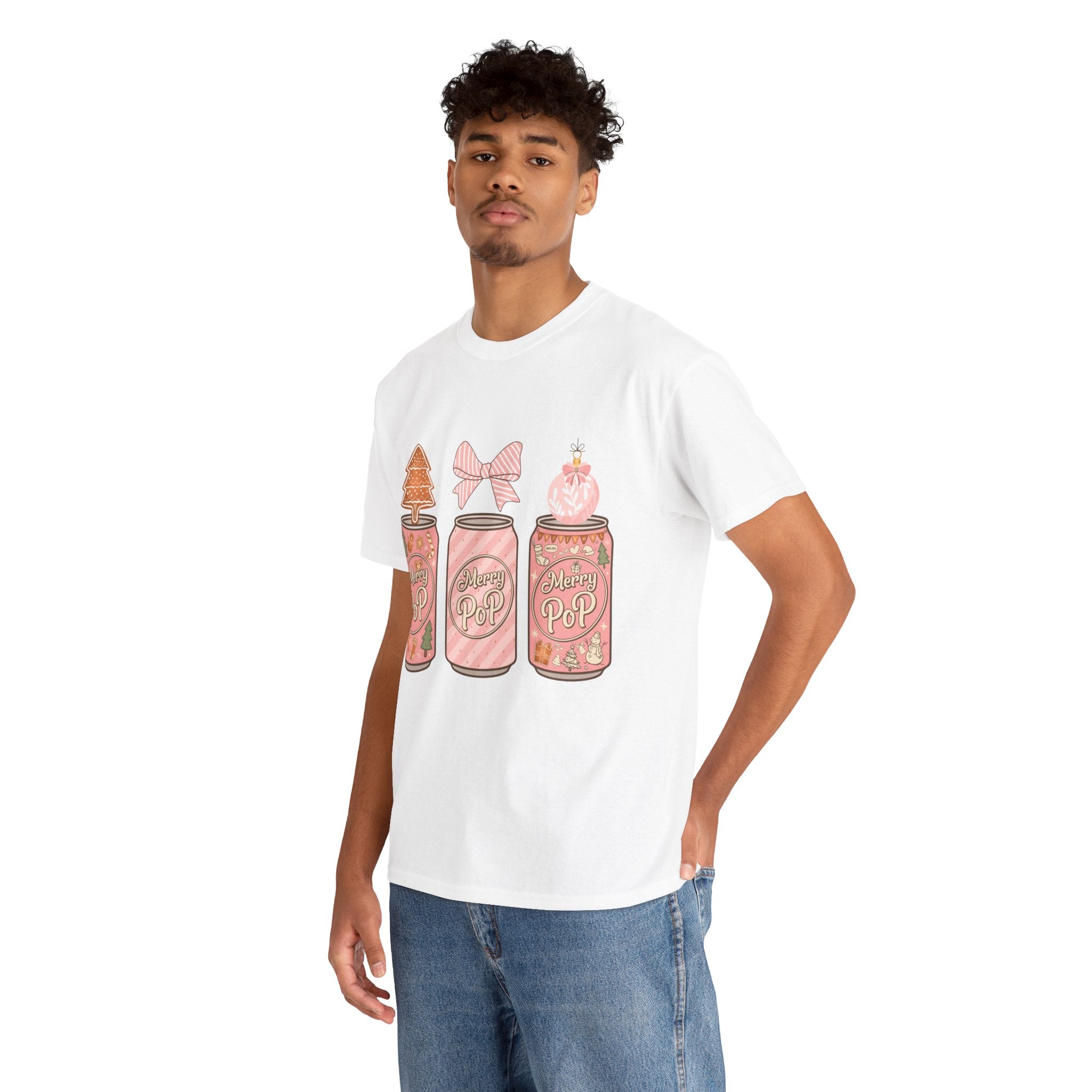 Merry Pop Christmas Soda Can Tee — Pastel Holiday Graphic Unisex Cotton T-Shirt