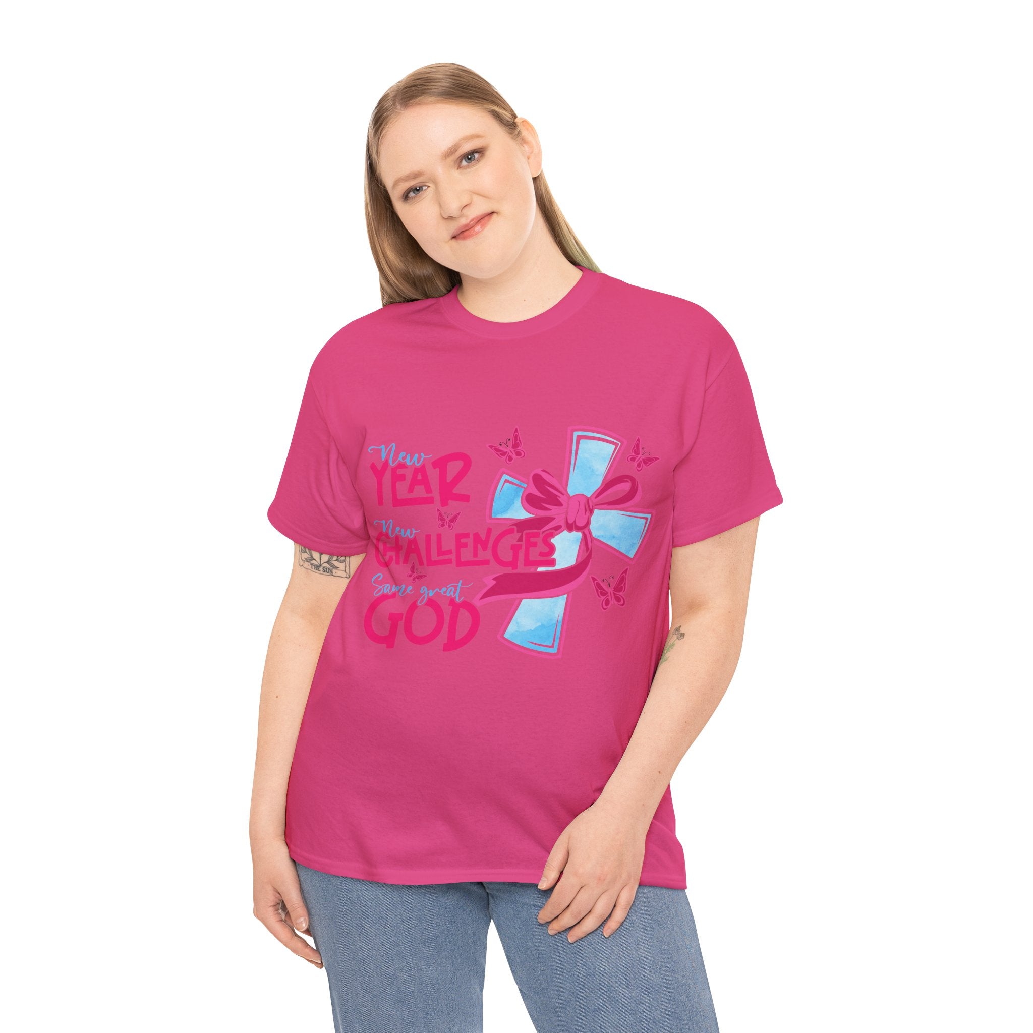Christian T-Shirt — “New Year, New Challenges, Same Great God” with Pink Bow Cross & Butterflies. Unisex Cotton Tee