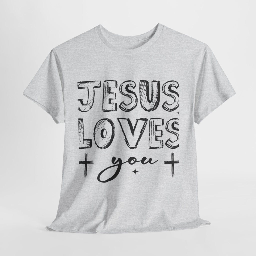 Jesus Loves You Chalk-Style Tee — Crosses & Stars Christian UNisex Cotton T-Shirt