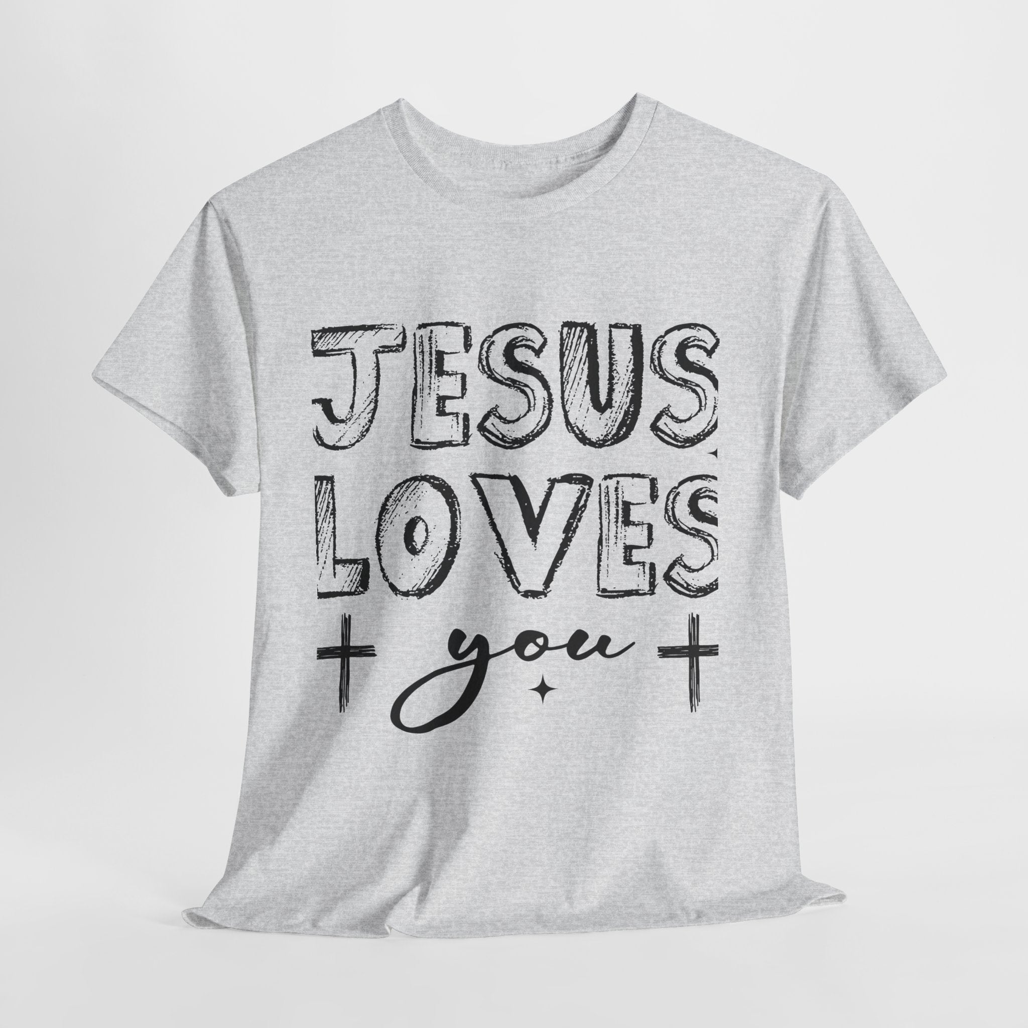 Jesus Loves You Chalk-Style Tee — Crosses & Stars Christian UNisex Cotton T-Shirt