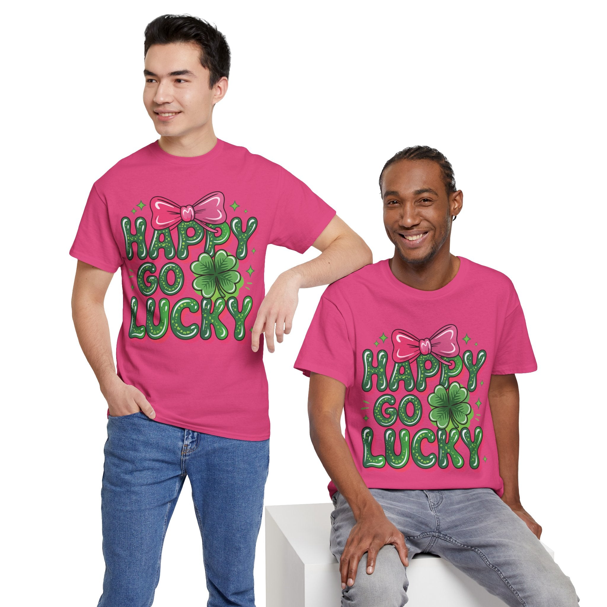 Happy Go Lucky Four-Leaf Clover Tee — Glossy Green Letters & Pink Bow Unisex Cotton Tee