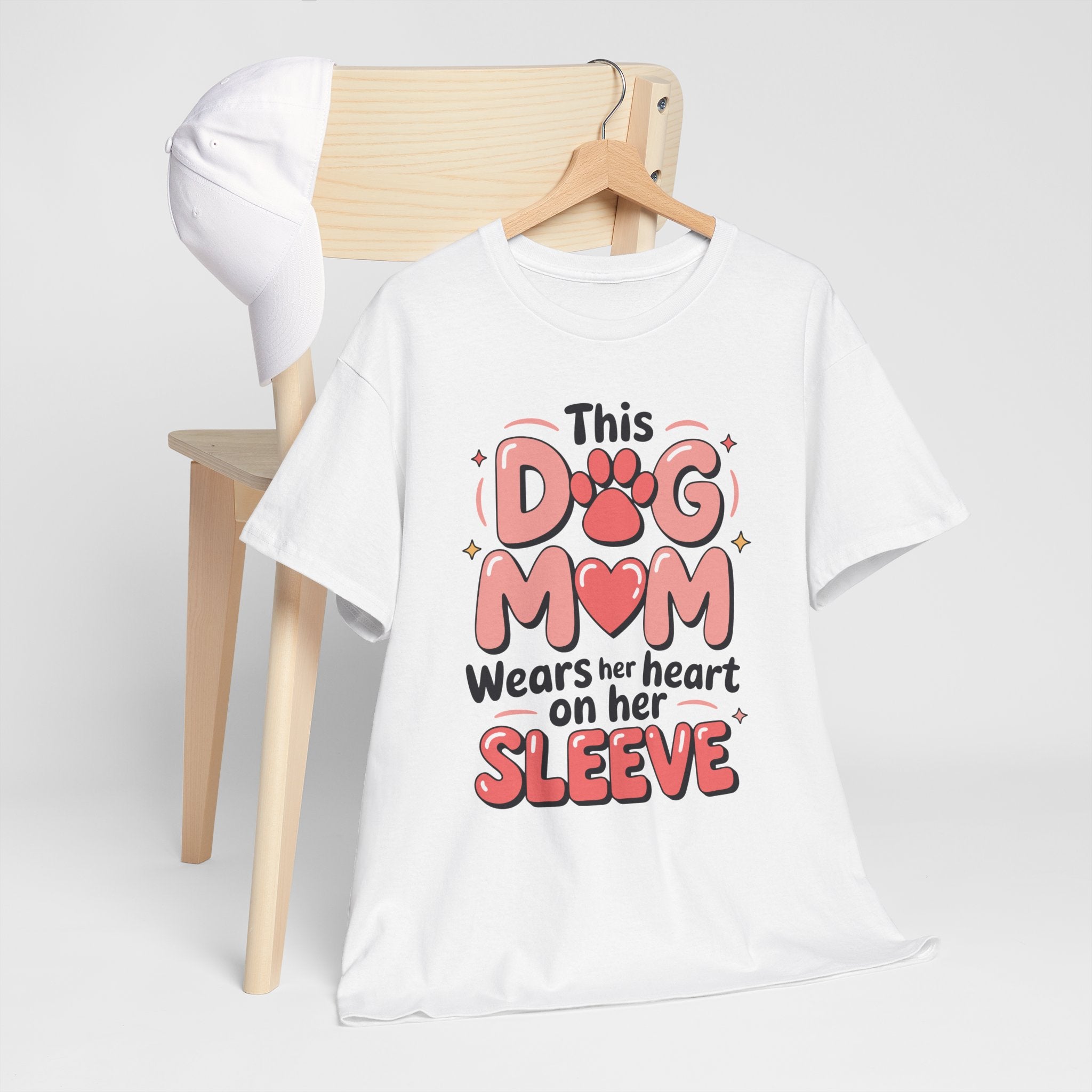 Dog Mom T-Shirt — "This Dog Mom Wears Her Heart on Her Sleeve" Paw & Heart Unisex Cotton Tee