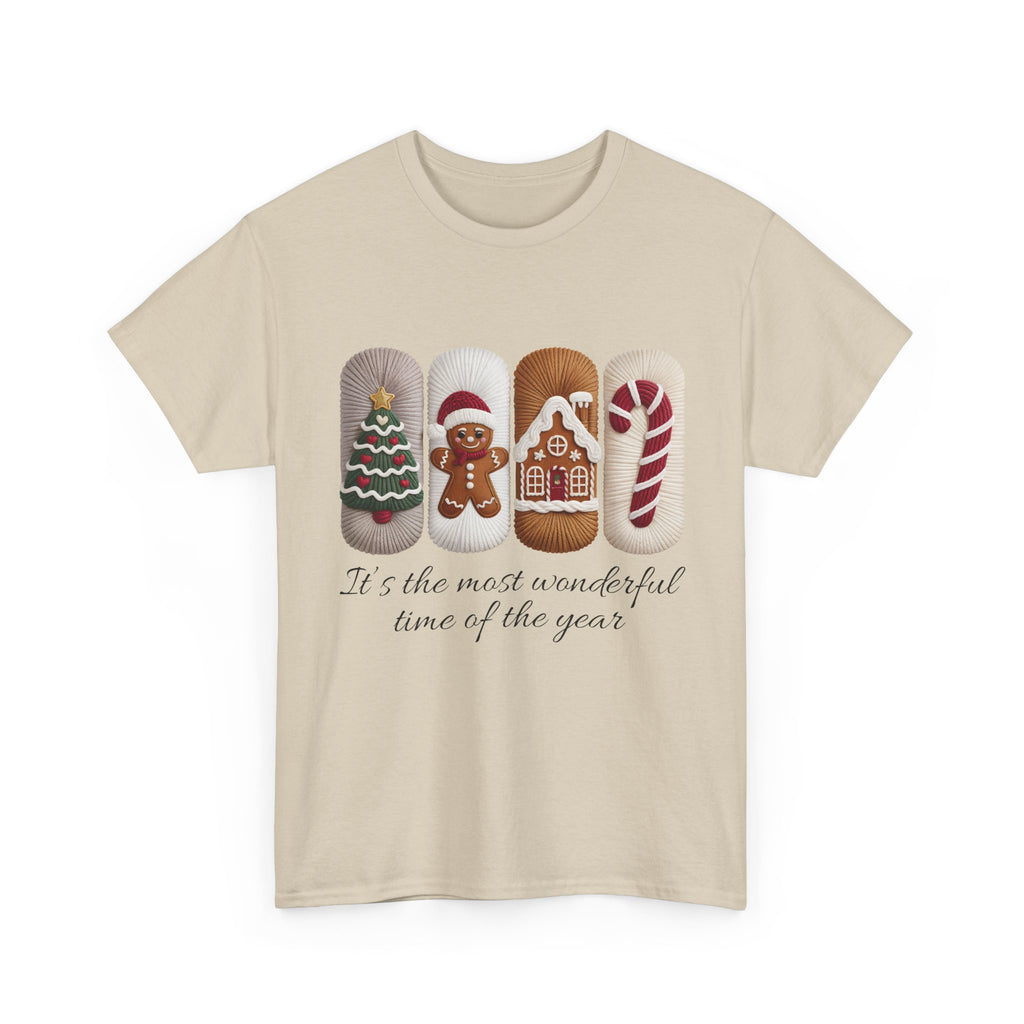Christmas Faux-Yarn Tree Tee — Gingerbread House & Candy Cane Holiday Unisex Cotton T-Shirt