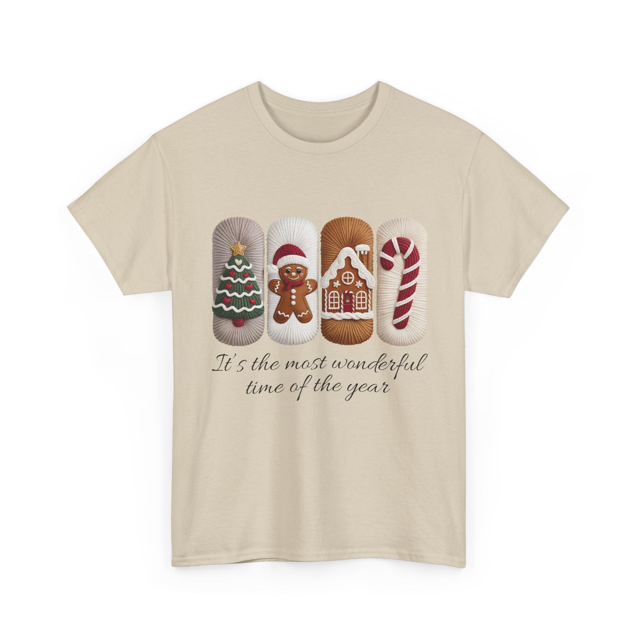 Christmas Faux-Yarn Tree Tee — Gingerbread House & Candy Cane Holiday Unisex Cotton T-Shirt