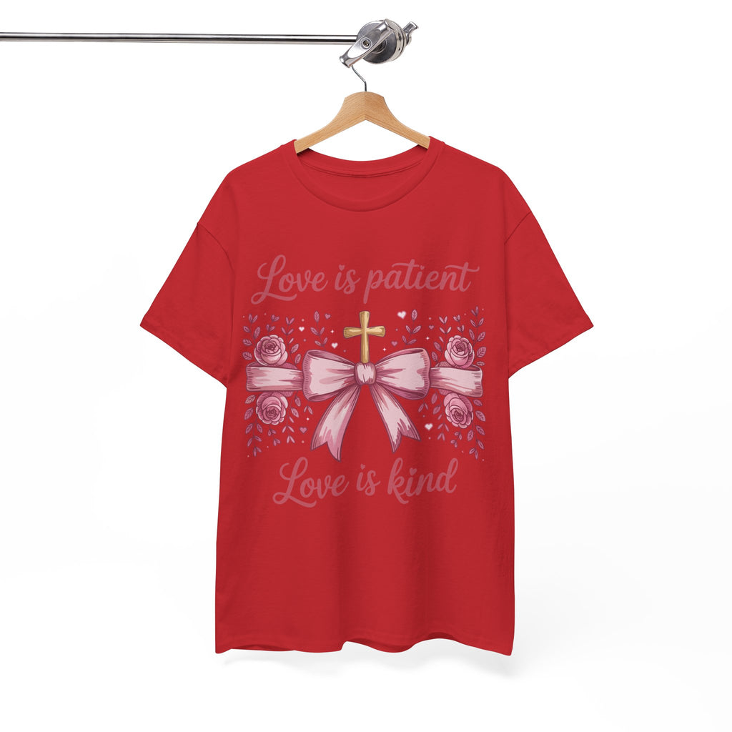 Christian Floral Tee — "Love is Patient, Love is Kind" Pink Rose Cross. Unisex Cotton Tee
