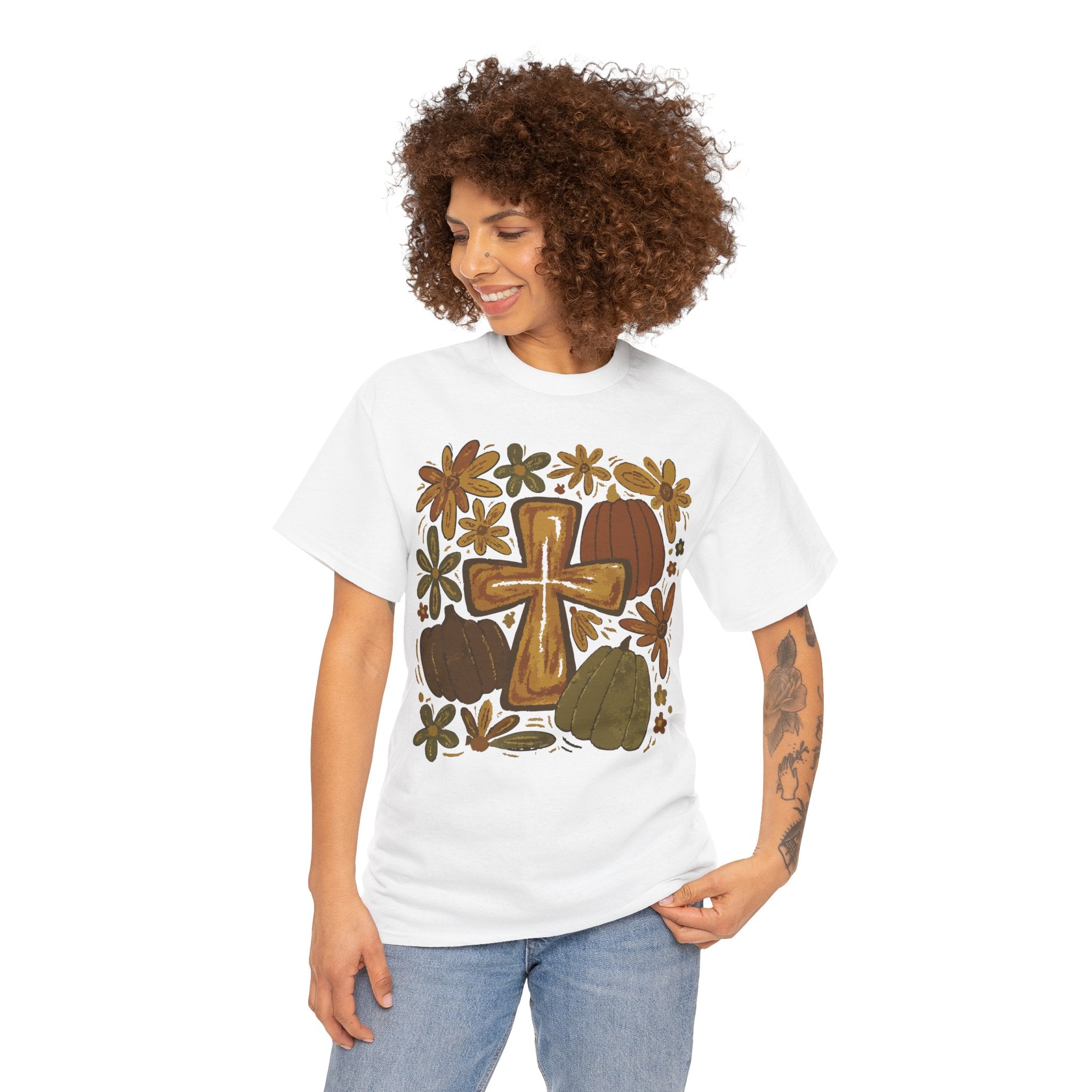 Autumn Cross Tee — Rustic Pumpkin & Fall Floral Christian Unisaex Cotton T-Shirt