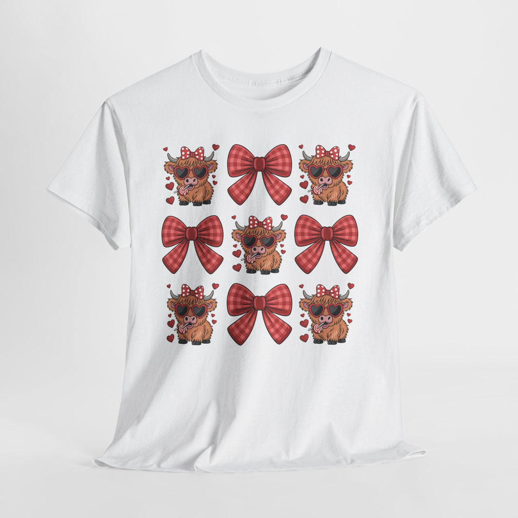 Valentine Cow Checkered Tee — Fluffy Cows with Heart Sunglasses & Red Bows..Unisex Cotton Tee