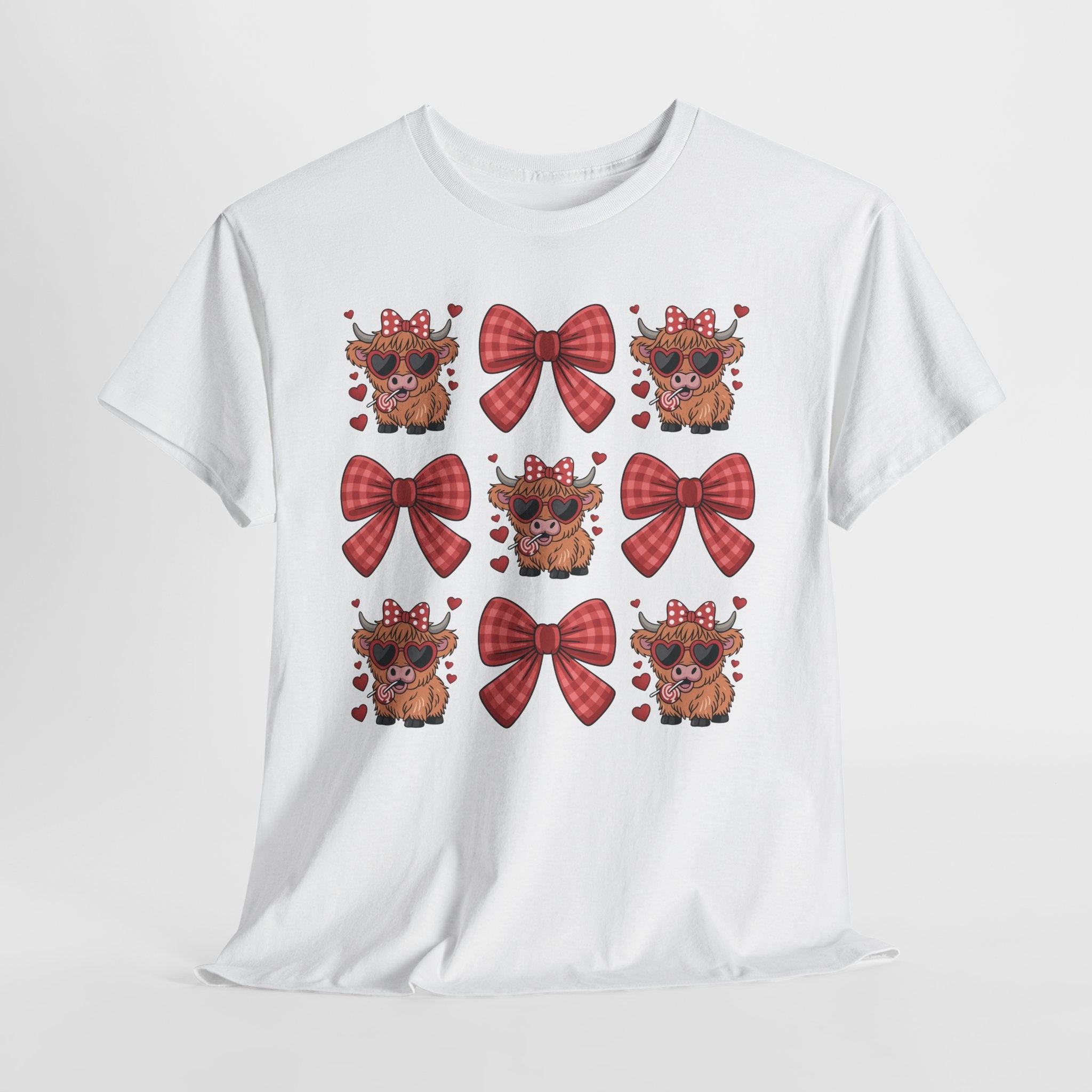 Valentine Cow Checkered Tee — Fluffy Cows with Heart Sunglasses & Red Bows..Unisex Cotton Tee