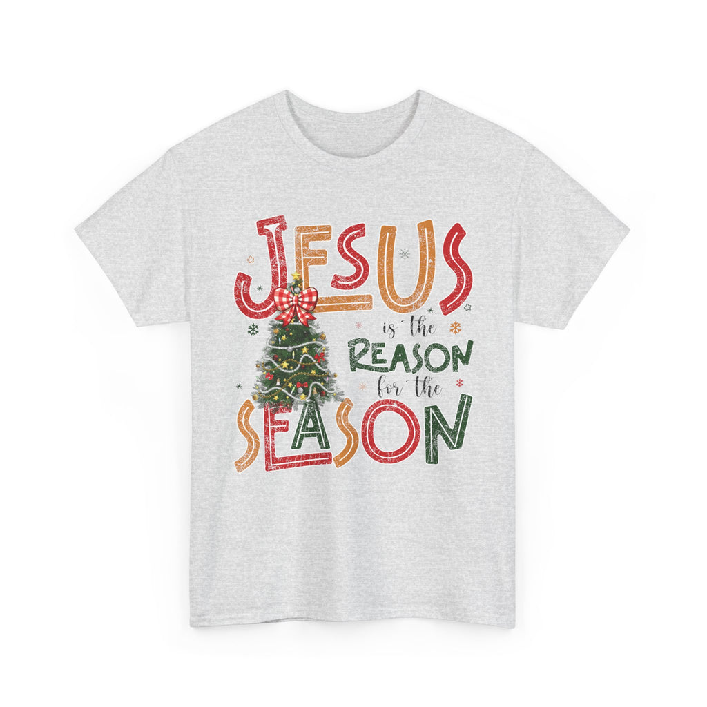 Jesus Is the Reason for the Season Christmas T-Shirt — Plaid Bow Tree..Unisex Cotton Tee