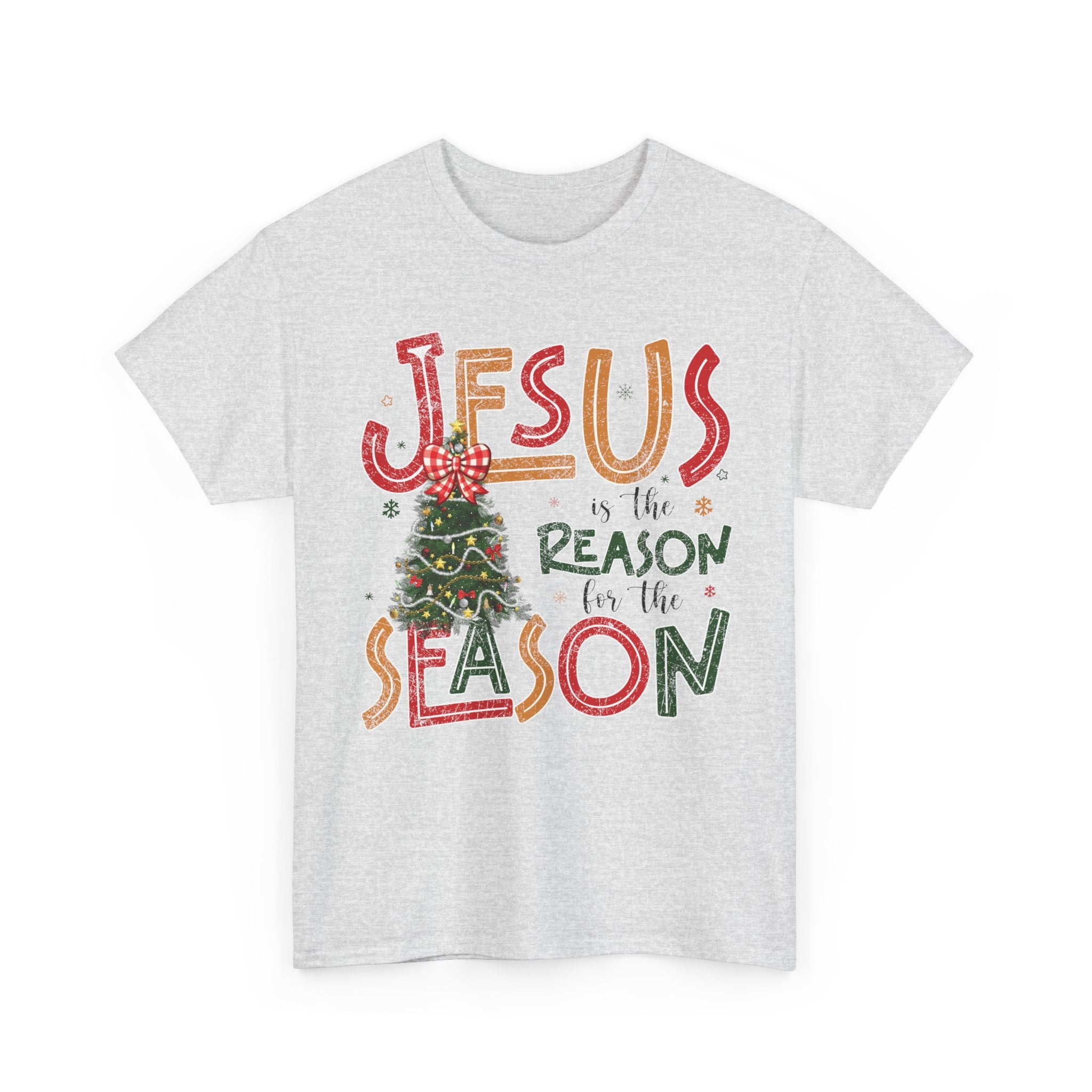 Jesus Is the Reason for the Season Christmas T-Shirt — Plaid Bow Tree..Unisex Cotton Tee