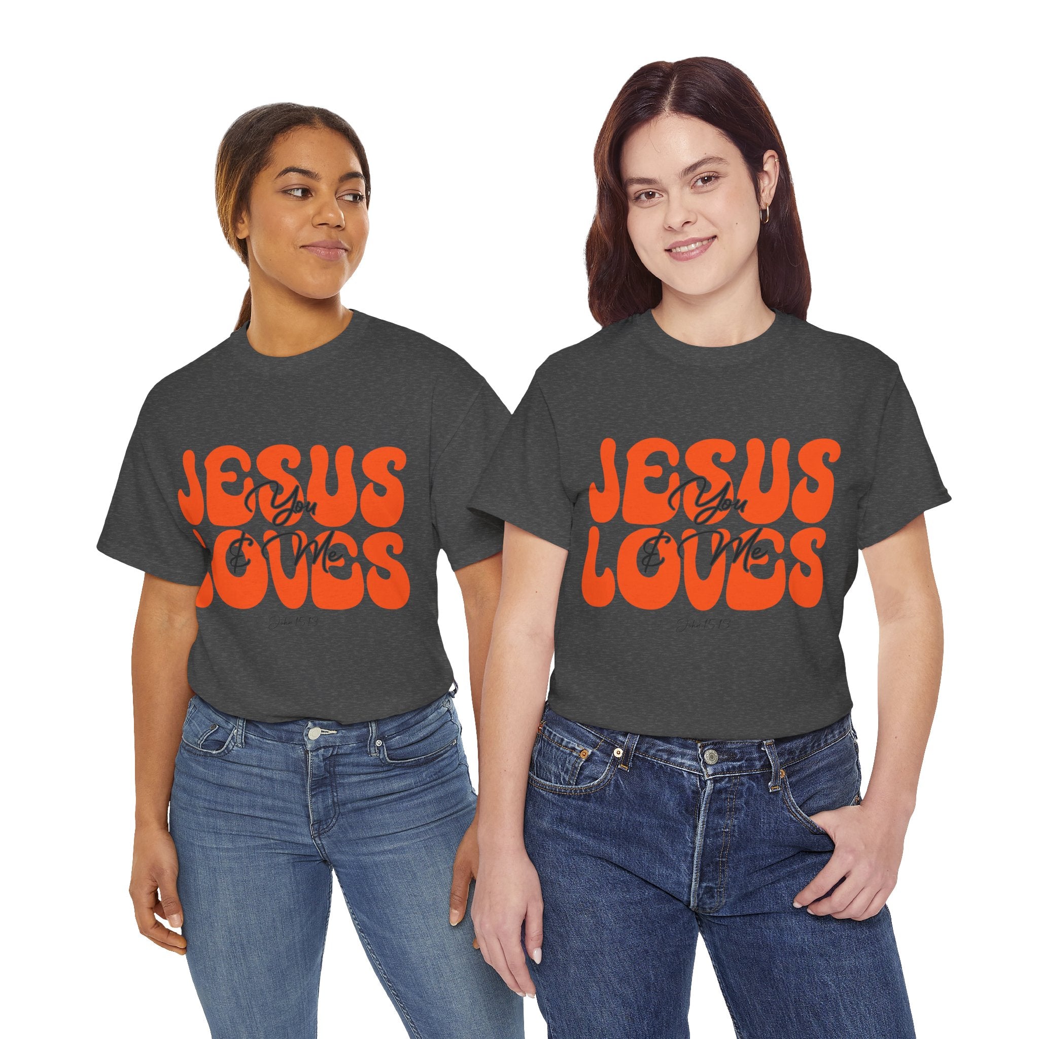 Jesus Loves You & Me Retro Tee — Playful Orange Bubbly Christian Unisex Cotton T-Shirt